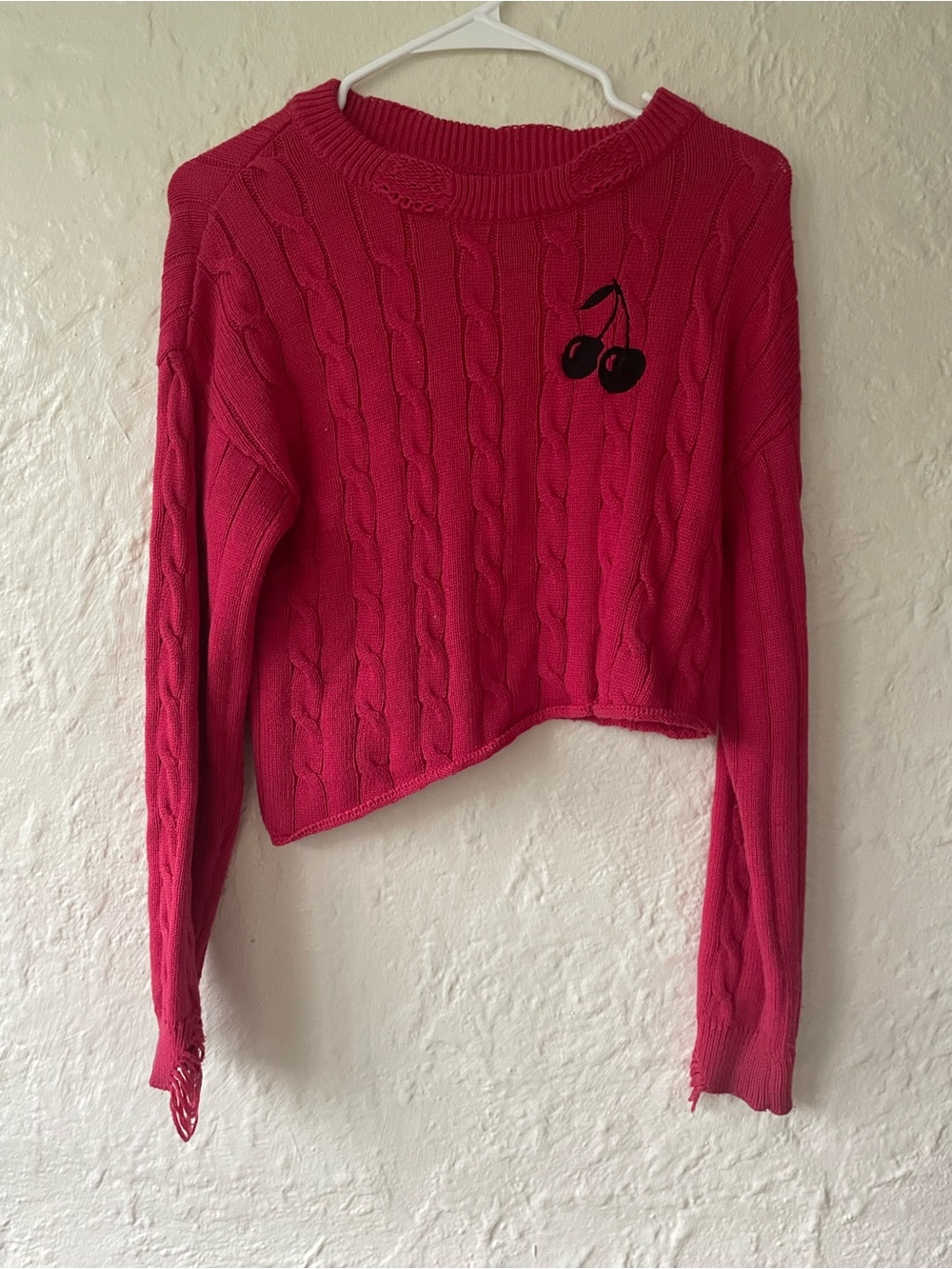 BDG red emmett graphic cable knit asymmetric pullover sweater; size S